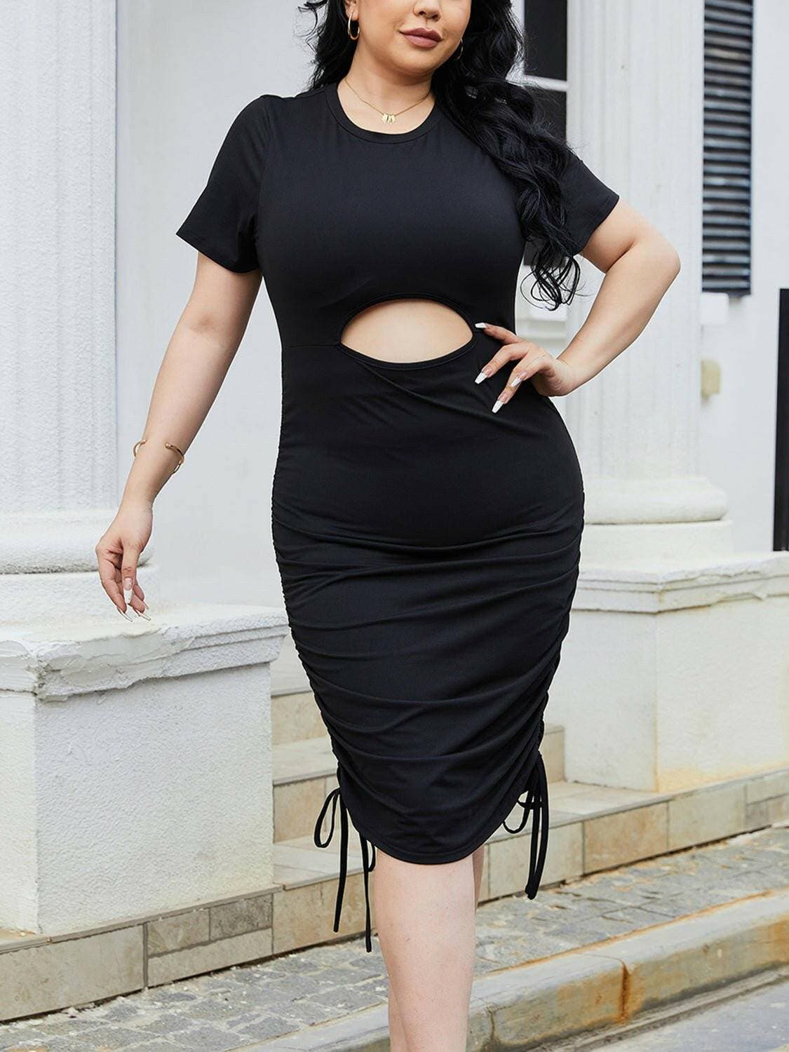 Ruched Round Neck Plus Size Dress with Cutout DetailUpgrade Your Style with Our Ruched Plus Size Dress
 
 Introducing our Ruched Round Neck Plus Size Dress with stunning Cutout Detail, designed to elevate your wardrobLove Salve Ruched Round Neckplus