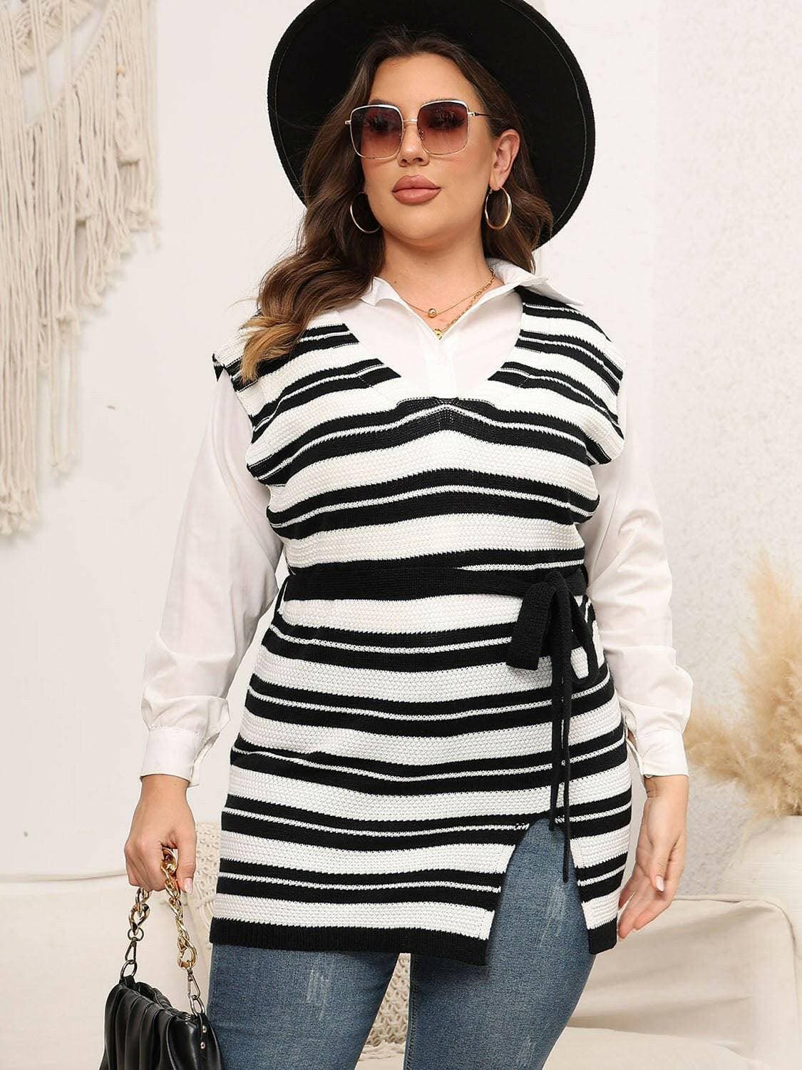 Striped Plus-Sized Neck Tie Sweater Vest with CollarUpgrade Your Wardrobe with Style and Comfort
 
 
Stay Chic: Elevate your fashion game with our Striped Plus-Sized Neck Tie Sweater Vest with Collar.
 
Unique Design:Love Salve -Sized Neck Tie Sweater Vestplus