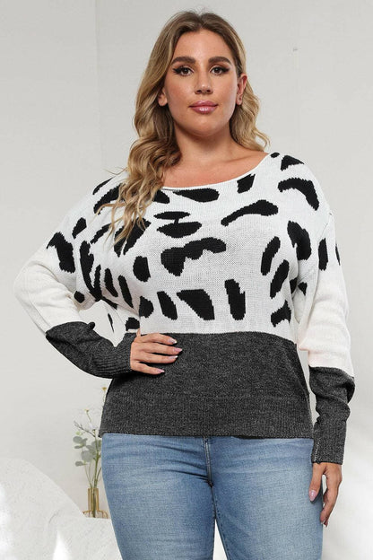 Plus size leopard print round neck sweater with long sleeves.