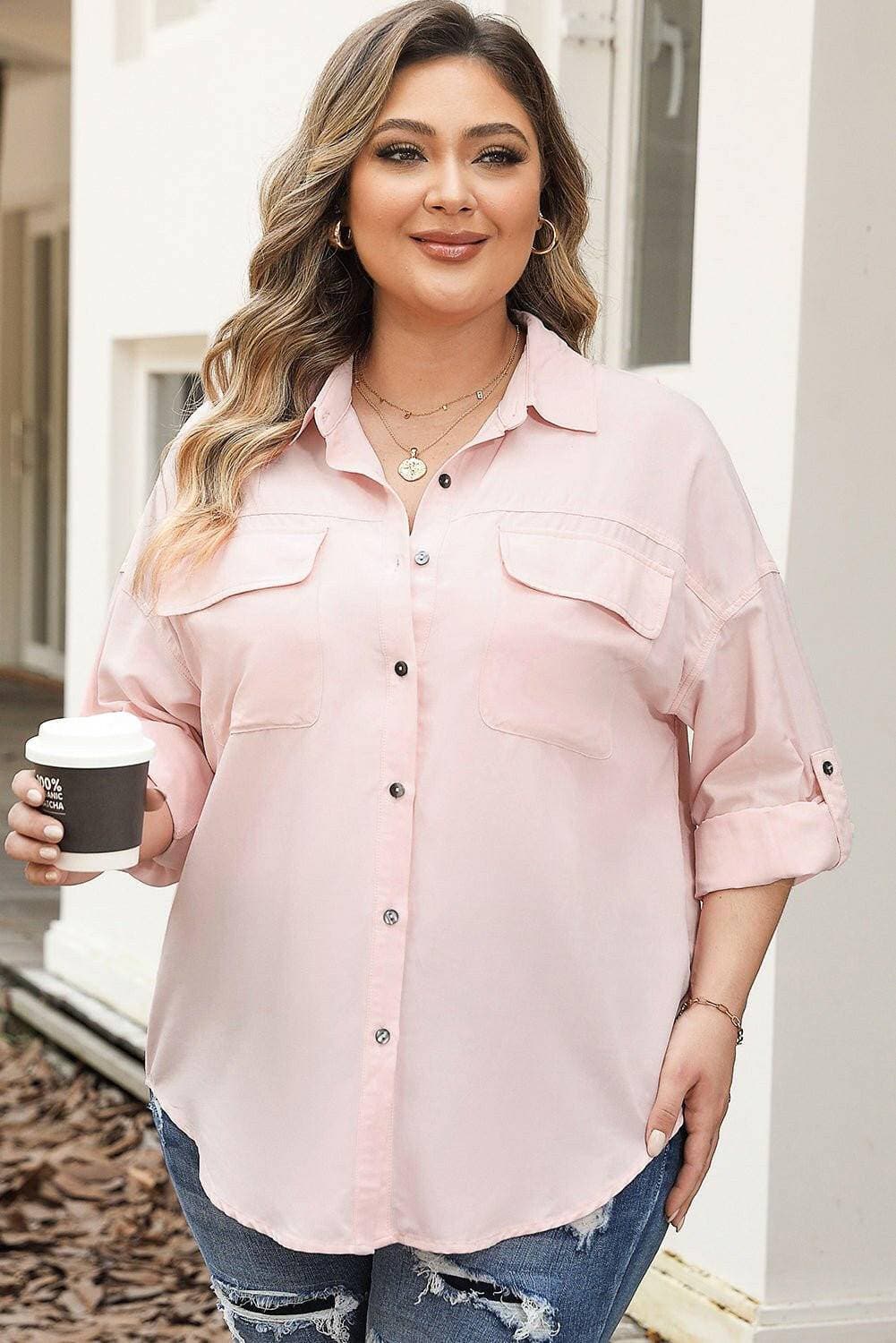 Curvy Fit Button-Up-Bluse mit Kragen und langen Ärmeln