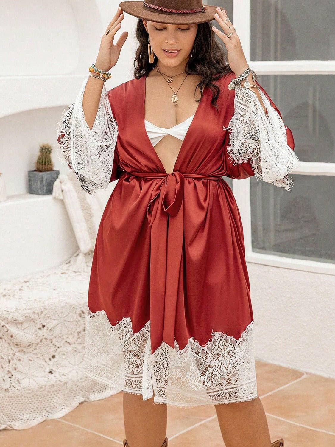 Luxurious Lace Detail Plus Size Tie-Front RobeIndulge in Elegance with Our Luxurious Lace Detail Plus Size Tie-Front Robe
 Experience the perfect blend of sophistication and comfort with our beautifully crafted Love Salve Luxurious Lace Detailplus