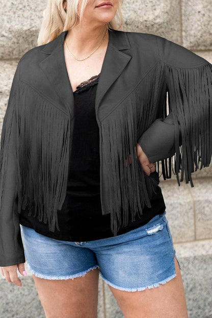 Fringed Plus Size Open JacketUpgrade Your Style with our Fringed Plus Size Open Jacket
 Step out in confidence and style with our Fringed Plus Size Open Jacket. This wardrobe essential is designLove Salve Size Open Jacketplus