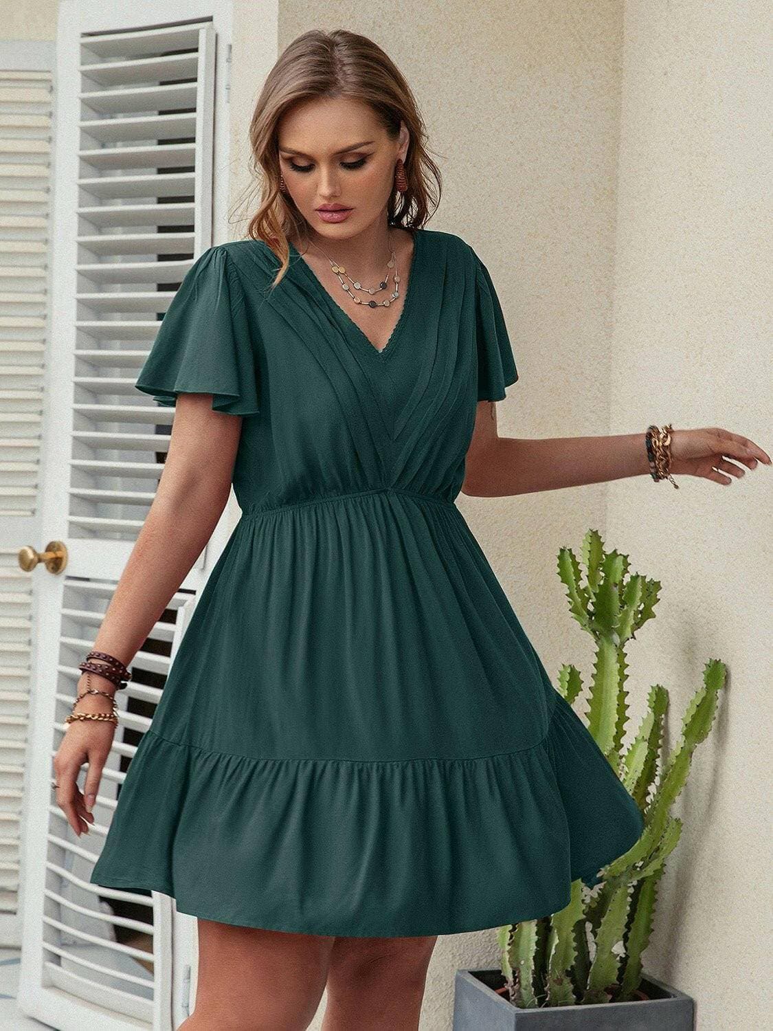 Ruffled V-Neck Plus Size Dress with Flirty HemFlaunt Your Style with Confidence
 Upgrade your wardrobe with our Ruffled V-Neck Plus Size Dress with Flirty Hem, a perfect blend of elegance and playfulness.
 
 MaiLove Salve Size Dressplus