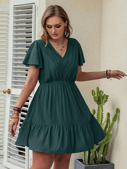 Ruffled V-Neck Plus Size Dress with Flirty HemFlaunt Your Style with Confidence
 Upgrade your wardrobe with our Ruffled V-Neck Plus Size Dress with Flirty Hem, a perfect blend of elegance and playfulness.
 
 MaiLove Salve Size Dressplus