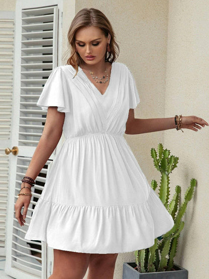 Ruffled V-Neck Plus Size Dress with Flirty HemFlaunt Your Style with Confidence
 Upgrade your wardrobe with our Ruffled V-Neck Plus Size Dress with Flirty Hem, a perfect blend of elegance and playfulness.
 
 MaiLove Salve Size Dressplus