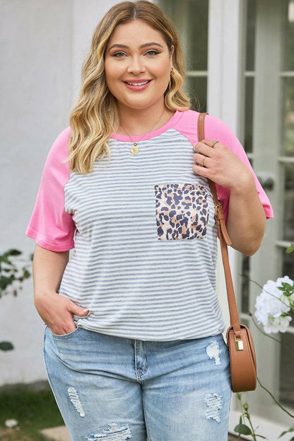 Leopard Striped Plus Size Round Neck Tee - Sheer Pocketed StyleUpgrade Your Wardrobe with Leopard Striped Plus Size Tee
 
 
Uniquely Stylish: Stand out in style with the chic leopard striped design.
 
Pocketed Sheer: The sheer pLove Salve Size Round Neck Tee - Sheer Pocketed Styleplus