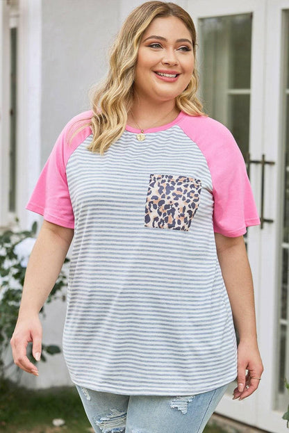 Leopard Striped Plus Size Round Neck Tee - Sheer Pocketed StyleUpgrade Your Wardrobe with Leopard Striped Plus Size Tee
 
 
Uniquely Stylish: Stand out in style with the chic leopard striped design.
 
Pocketed Sheer: The sheer pLove Salve Size Round Neck Tee - Sheer Pocketed Styleplus