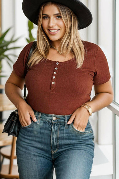 Curvy Chic Half Placket Short Sleeve TeeUpgrade Your Style with the Curvy Chic Half Placket Short Sleeve Tee
 Step into a world of sophistication and comfort with our Curvy Chic Half Placket Short Sleeve TLove Salve Curvy Chic Half Placket Short Sleeve Teeplus