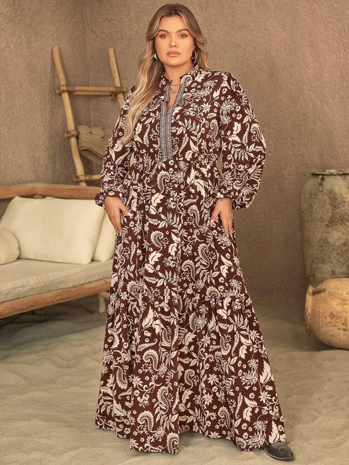 Chic printed maxi dress with elegant balloon sleeves for plus size women