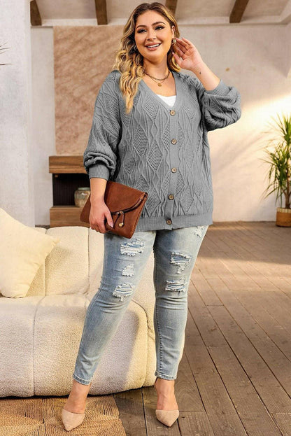 Cozy Plus Size Cable-Knit Cardigan SweaterStay Cozy in Style with Our Plus Size Cable-Knit Cardigan Sweater
 Wrap yourself in warmth and style with our Cozy Plus Size Cable-Knit Cardigan Sweater. Crafted froLove Salve Cozyplus