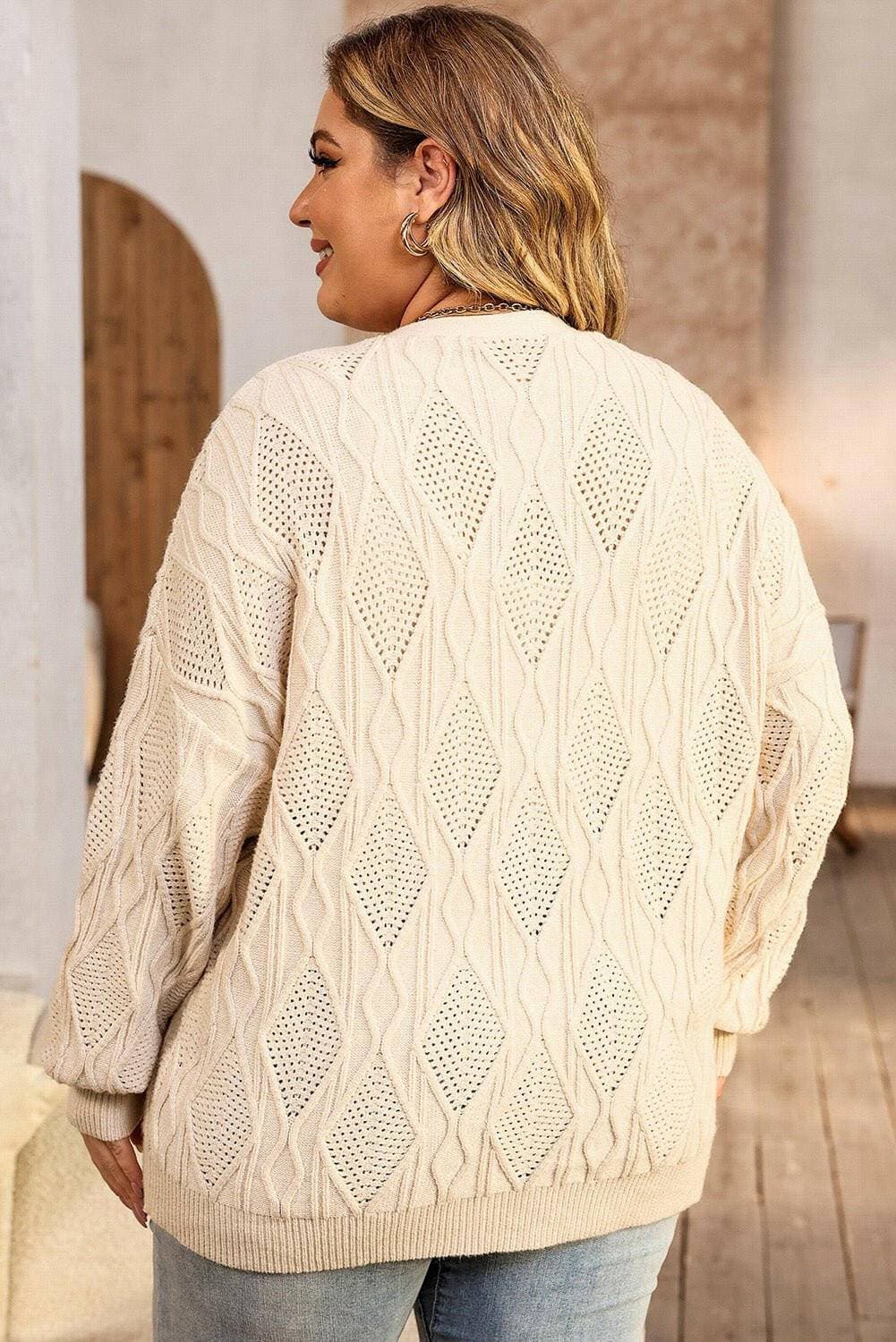 Cozy Plus Size Cable-Knit Cardigan SweaterStay Cozy in Style with Our Plus Size Cable-Knit Cardigan Sweater
 Wrap yourself in warmth and style with our Cozy Plus Size Cable-Knit Cardigan Sweater. Crafted froLove Salve Cozyplus