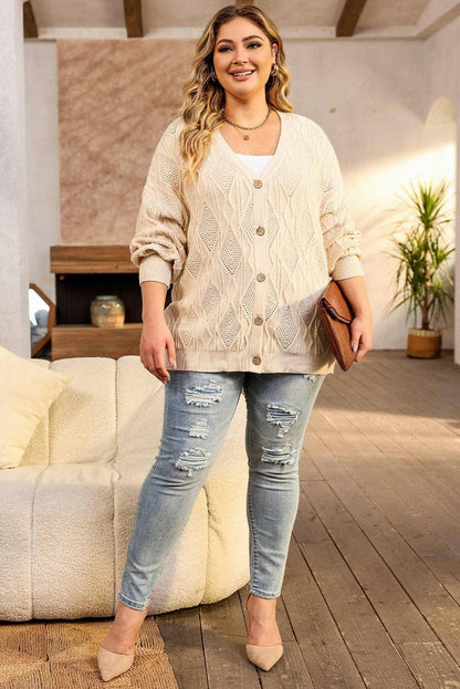 Cozy Plus Size Cable-Knit Cardigan SweaterStay Cozy in Style with Our Plus Size Cable-Knit Cardigan Sweater
 Wrap yourself in warmth and style with our Cozy Plus Size Cable-Knit Cardigan Sweater. Crafted froLove Salve Cozyplus