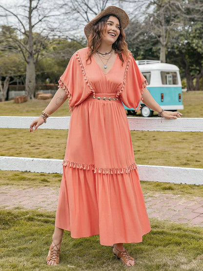 V-Neck Ruffle Hem Dress with Tassel Trim for Plus Size WomenUpgrade Your Wardrobe with our V-Neck Ruffle Hem Dress
 Step into style with our V-Neck Ruffle Hem Dress specially designed for Plus Size Women. Embrace elegance andLove Salve -Neck Ruffle Hem Dressplus