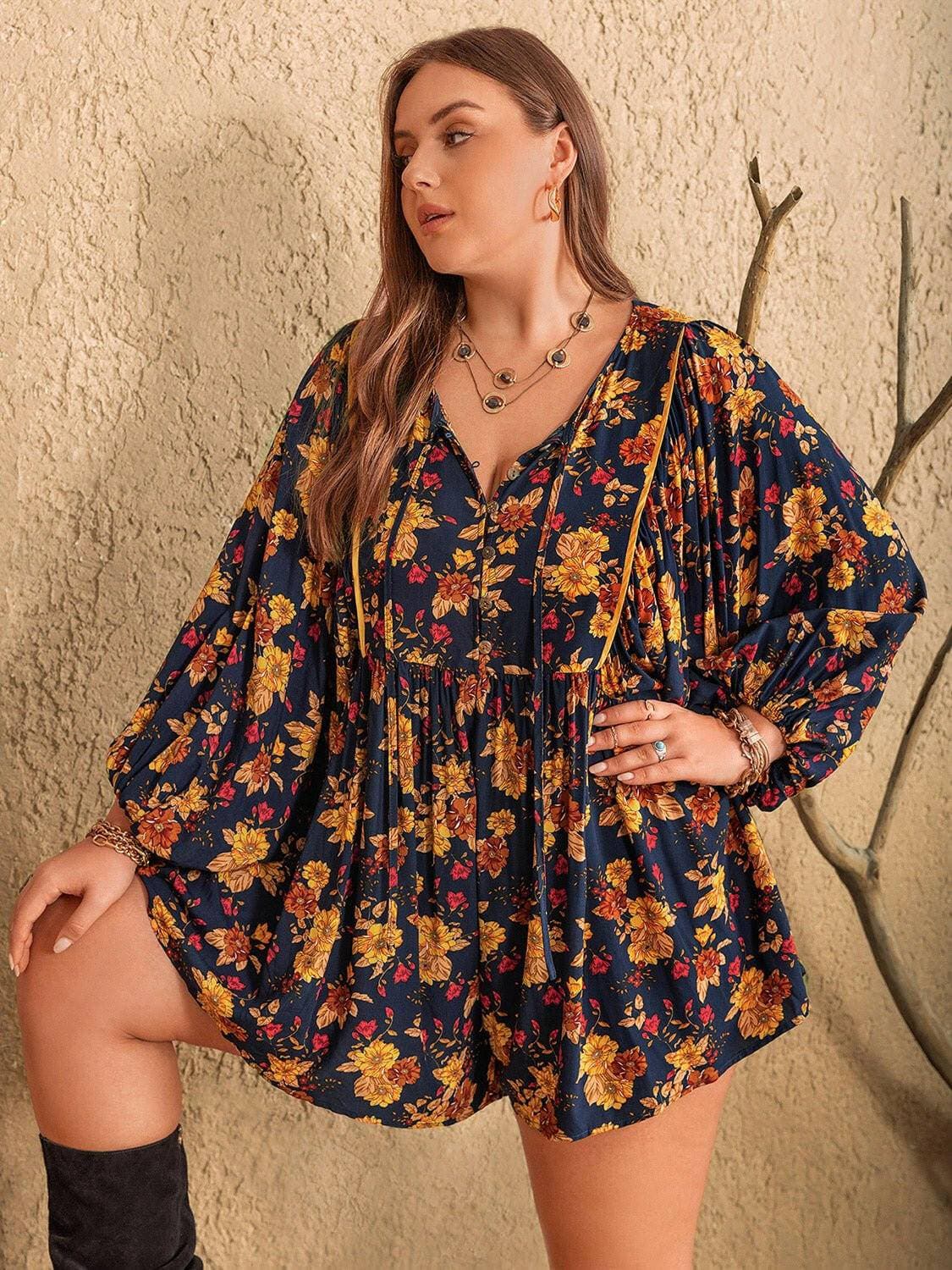 Floral Print Plus Size Tie Neck Balloon Sleeve JumpsuitUpgrade Your Style with our Floral Print Plus Size Jumpsuit!
 Step into the spotlight with our chic Floral Print Plus Size Tie Neck Balloon Sleeve Jumpsuit. Elevate Love Salve Size Tie Neck Balloon Sleeve Jumpsuitplus