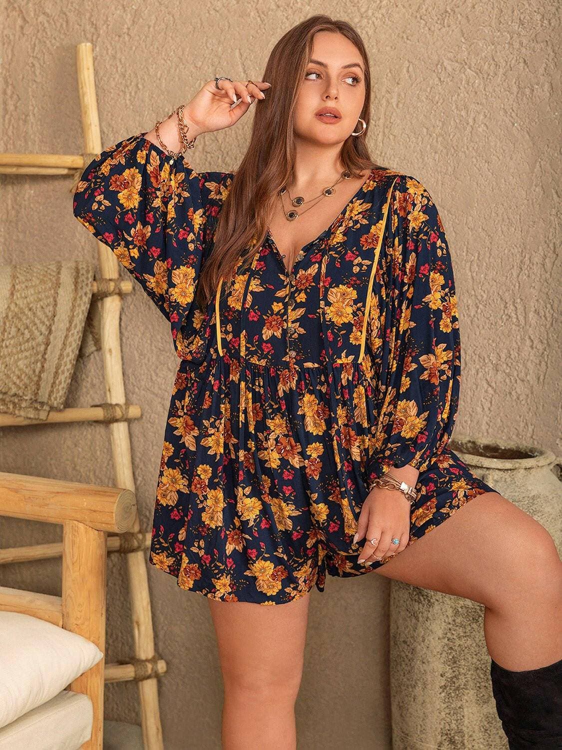 Floral Print Plus Size Tie Neck Balloon Sleeve JumpsuitUpgrade Your Style with our Floral Print Plus Size Jumpsuit!
 Step into the spotlight with our chic Floral Print Plus Size Tie Neck Balloon Sleeve Jumpsuit. Elevate Love Salve Size Tie Neck Balloon Sleeve Jumpsuitplus