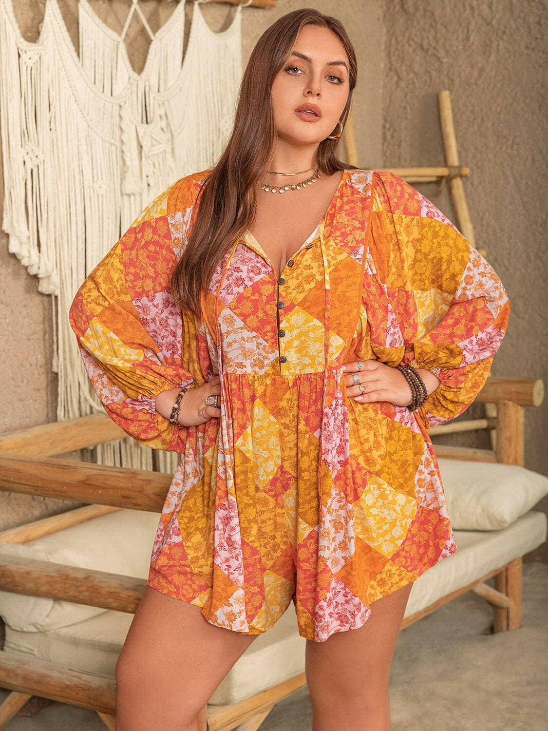 Floral Print Plus Size Tie Neck Balloon Sleeve JumpsuitUpgrade Your Style with our Floral Print Plus Size Jumpsuit!
 Step into the spotlight with our chic Floral Print Plus Size Tie Neck Balloon Sleeve Jumpsuit. Elevate Love Salve Size Tie Neck Balloon Sleeve Jumpsuitplus