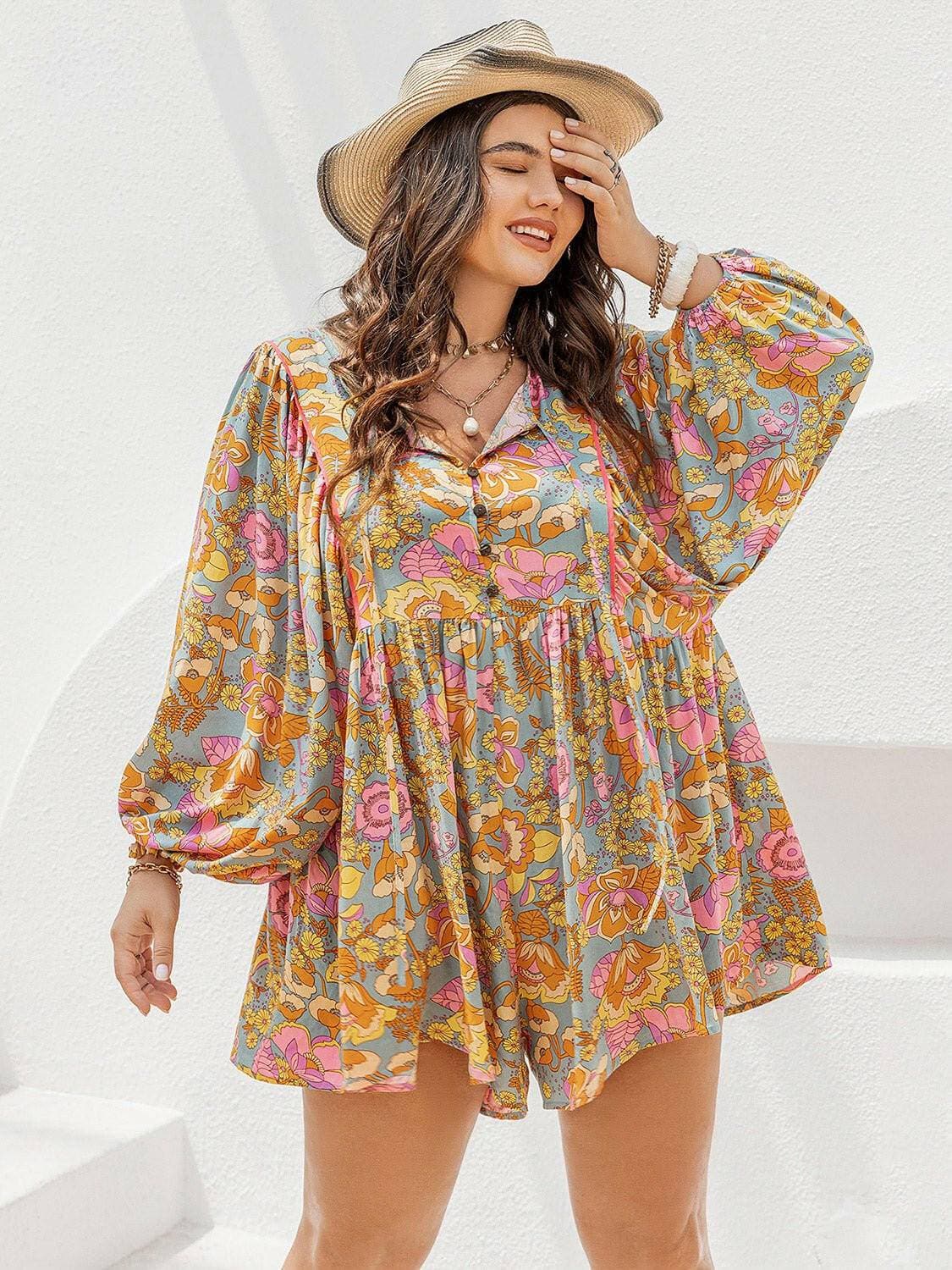 Floral Print Plus Size Tie Neck Balloon Sleeve JumpsuitUpgrade Your Style with our Floral Print Plus Size Jumpsuit!
 Step into the spotlight with our chic Floral Print Plus Size Tie Neck Balloon Sleeve Jumpsuit. Elevate Love Salve Size Tie Neck Balloon Sleeve Jumpsuitplus