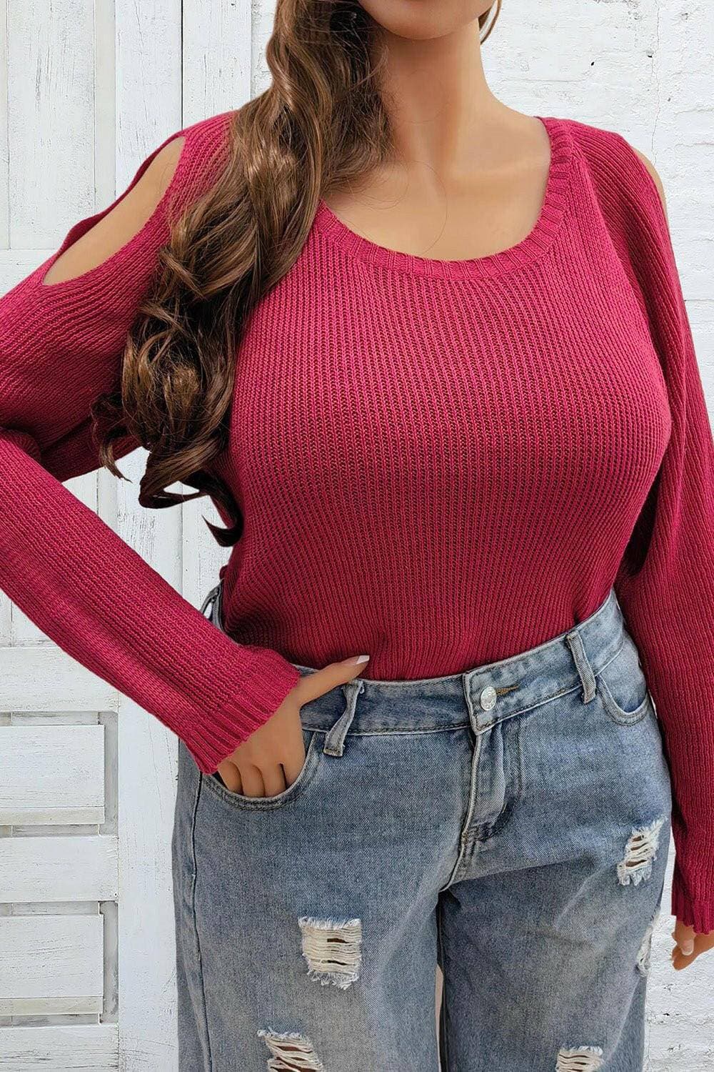 Cold Shoulder Round Neck Sweater for Curvy WomenCold Shoulder Round Neck Sweater for Curvy Women
 Indulge in comfort and style with our Cold Shoulder Round Neck Sweater designed especially for curvy women. ElevateLove Salve Cold Shoulder Round Neck Sweaterplus