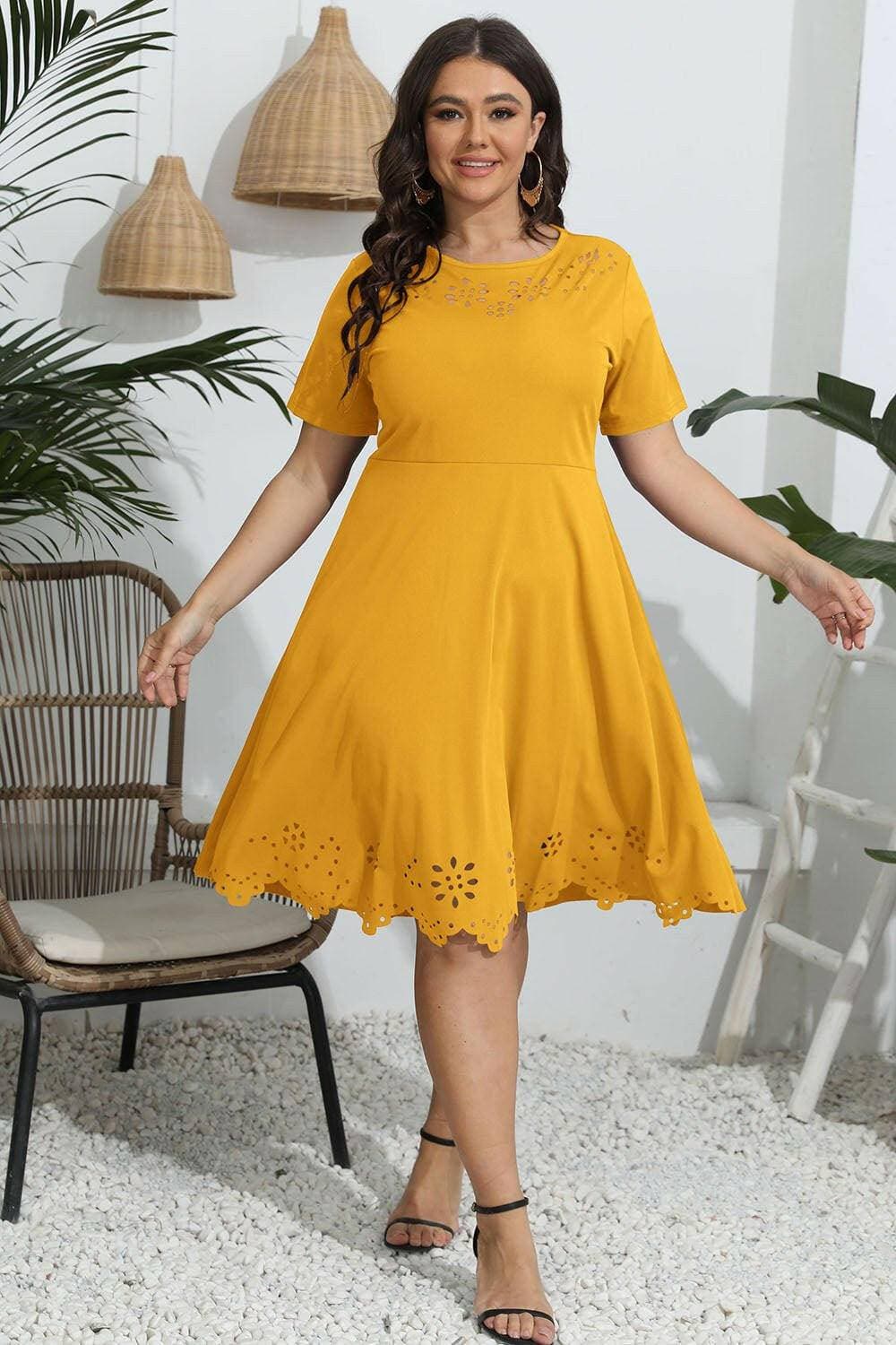 Openwork Sheer Plus Size Round Neck DressOpenwork Sheer Plus Size Round Neck Dress
 Upgrade Your Style with Sheer Elegance
 
 Stand out with the intricate openwork sheer design
 Adds sophistication to your Love Salve Size Round Neck Dressplus