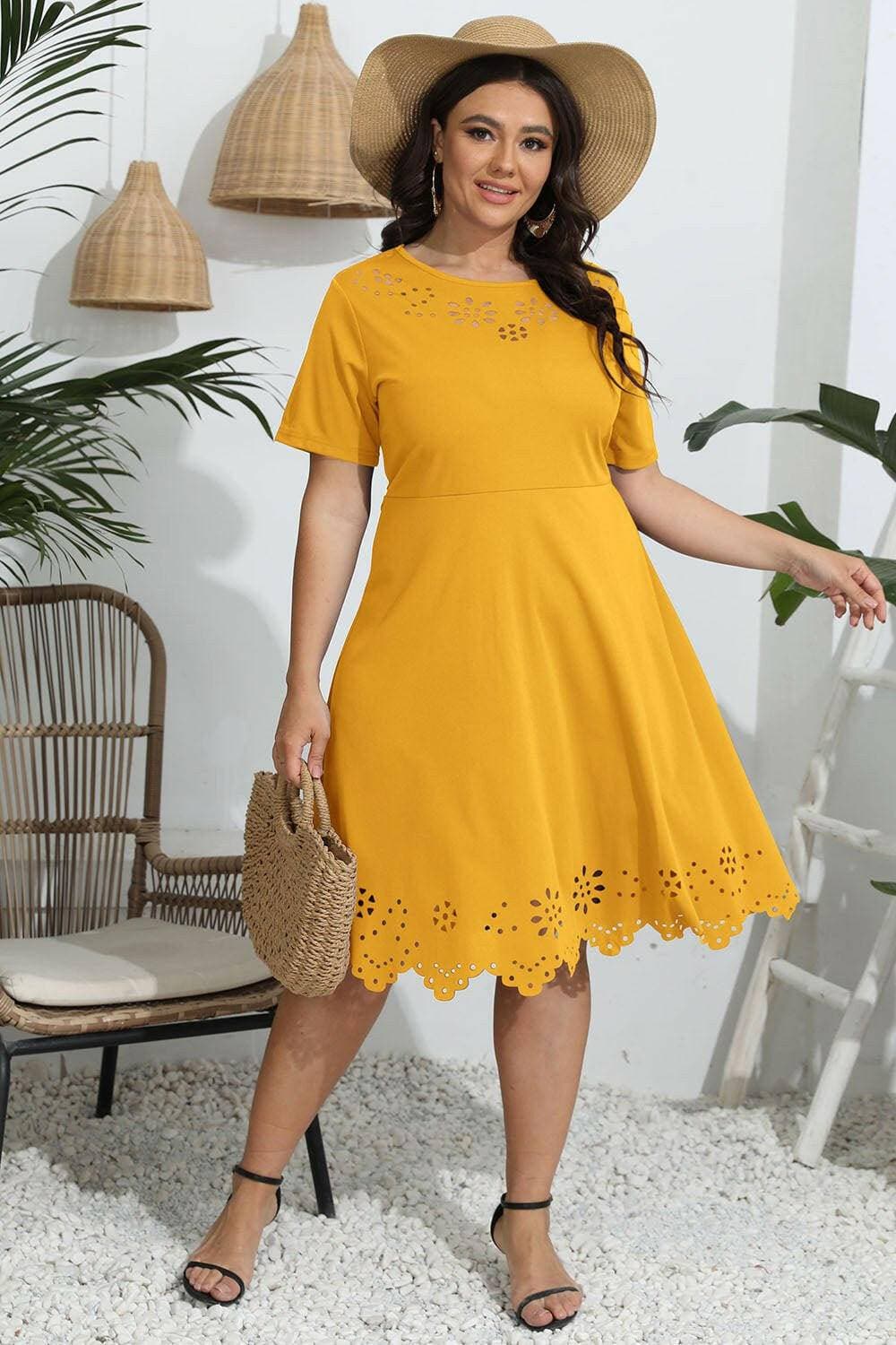 Openwork Sheer Plus Size Round Neck DressOpenwork Sheer Plus Size Round Neck Dress
 Upgrade Your Style with Sheer Elegance
 
 Stand out with the intricate openwork sheer design
 Adds sophistication to your Love Salve Size Round Neck Dressplus