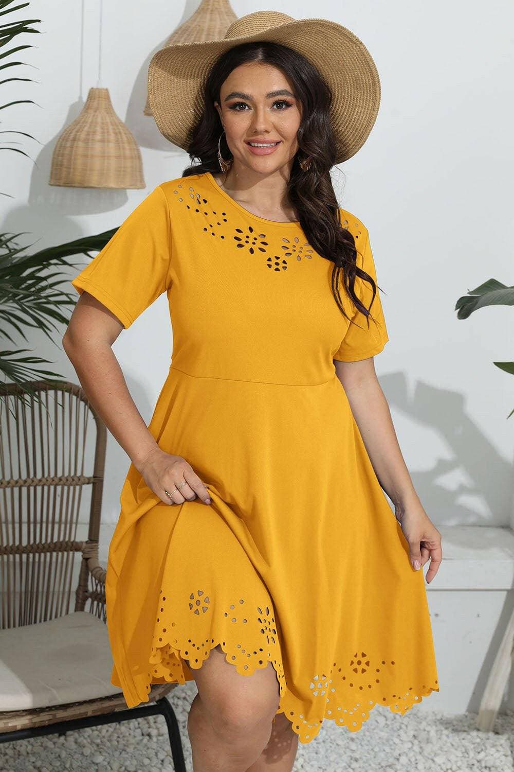 Openwork Sheer Plus Size Round Neck DressOpenwork Sheer Plus Size Round Neck Dress
 Upgrade Your Style with Sheer Elegance
 
 Stand out with the intricate openwork sheer design
 Adds sophistication to your Love Salve Size Round Neck Dressplus