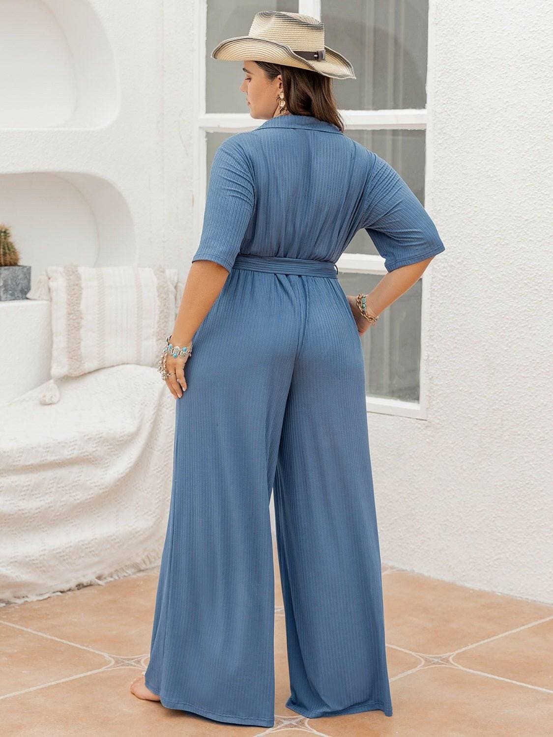 Ribbed Tie-Waist Jumpsuit with Button DetailRibbed Tie-Waist Jumpsuit with Button Detail
 Step into elegance and sophistication with our Ribbed Tie-Waist Jumpsuit, a must-have piece that combines style and comLove Salve Ribbed Tie-Waist Jumpsuitplus