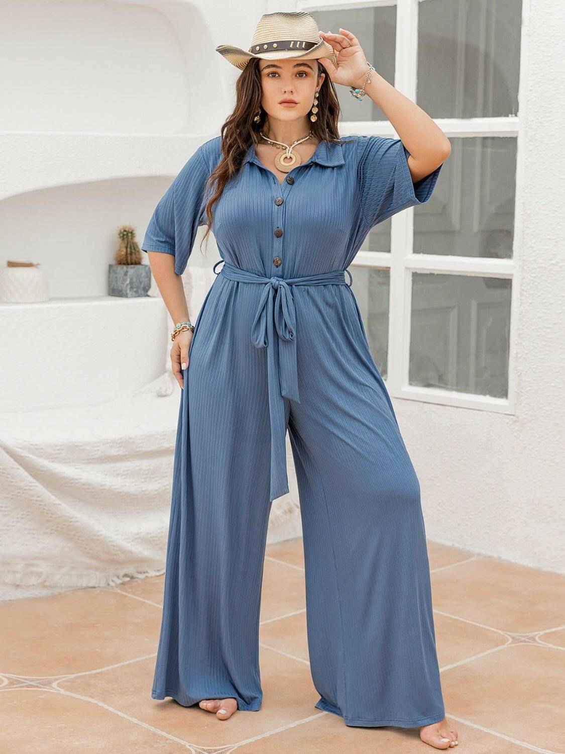 Ribbed Tie-Waist Jumpsuit with Button DetailRibbed Tie-Waist Jumpsuit with Button Detail
 Step into elegance and sophistication with our Ribbed Tie-Waist Jumpsuit, a must-have piece that combines style and comLove Salve Ribbed Tie-Waist Jumpsuitplus