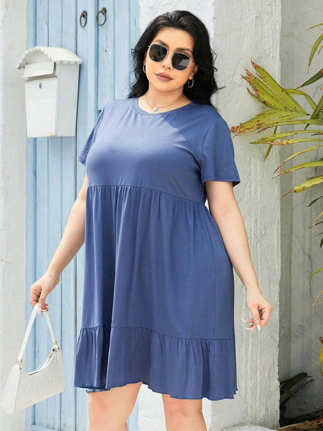 Curvy Round Neck Short Sleeve Chiffon DressUpgrade Your Style with Our Curvy Round Neck Chiffon Dress
 Step into elegance and comfort with our Curvy Round Neck Short Sleeve Chiffon Dress. This dress is designLove Salve Curvy Round Neck Short Sleeve Chiffon Dressplus