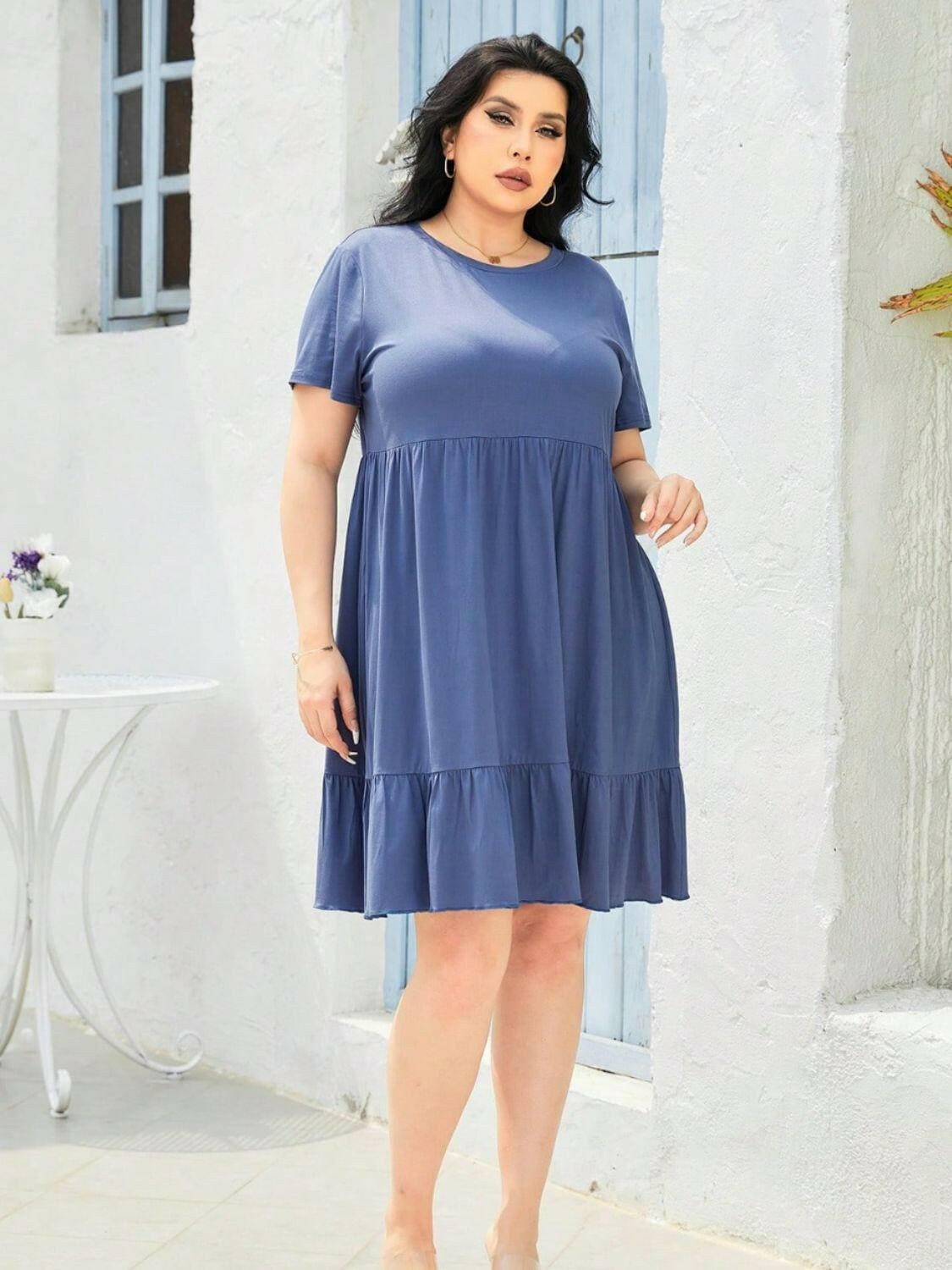 Curvy Round Neck Short Sleeve Chiffon DressUpgrade Your Style with Our Curvy Round Neck Chiffon Dress
 Step into elegance and comfort with our Curvy Round Neck Short Sleeve Chiffon Dress. This dress is designLove Salve Curvy Round Neck Short Sleeve Chiffon Dressplus