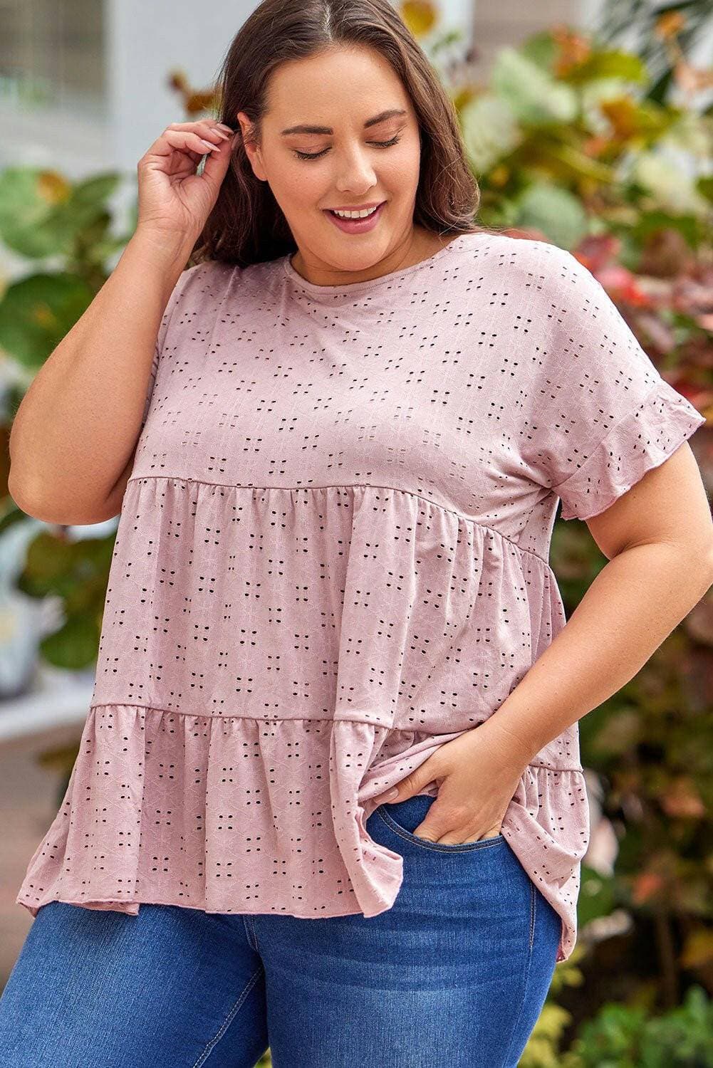 Eyelet Detail Plus Size Sheer Blouse with Ruffled SleevesEyelet Detail Plus Size Sheer Blouse with Ruffled Sleeves
 Step into sheer elegance and upgrade your style with our Eyelet Detail Plus Size Sheer Blouse. This blouseLove Salve Size Sheer Blouseplus