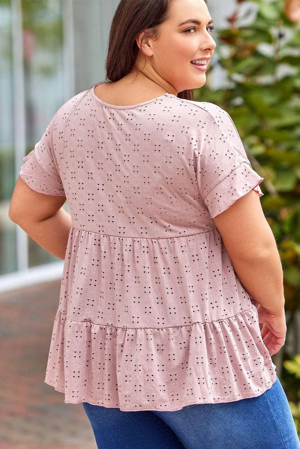 Eyelet Detail Plus Size Sheer Blouse with Ruffled SleevesEyelet Detail Plus Size Sheer Blouse with Ruffled Sleeves
 Step into sheer elegance and upgrade your style with our Eyelet Detail Plus Size Sheer Blouse. This blouseLove Salve Size Sheer Blouseplus