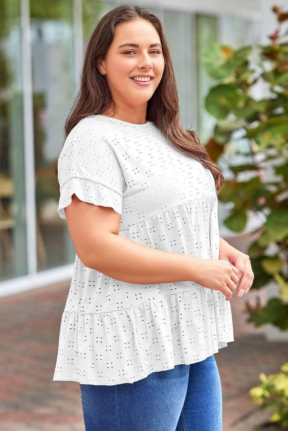 Eyelet Detail Plus Size Sheer Blouse with Ruffled SleevesEyelet Detail Plus Size Sheer Blouse with Ruffled Sleeves
 Step into sheer elegance and upgrade your style with our Eyelet Detail Plus Size Sheer Blouse. This blouseLove Salve Size Sheer Blouseplus