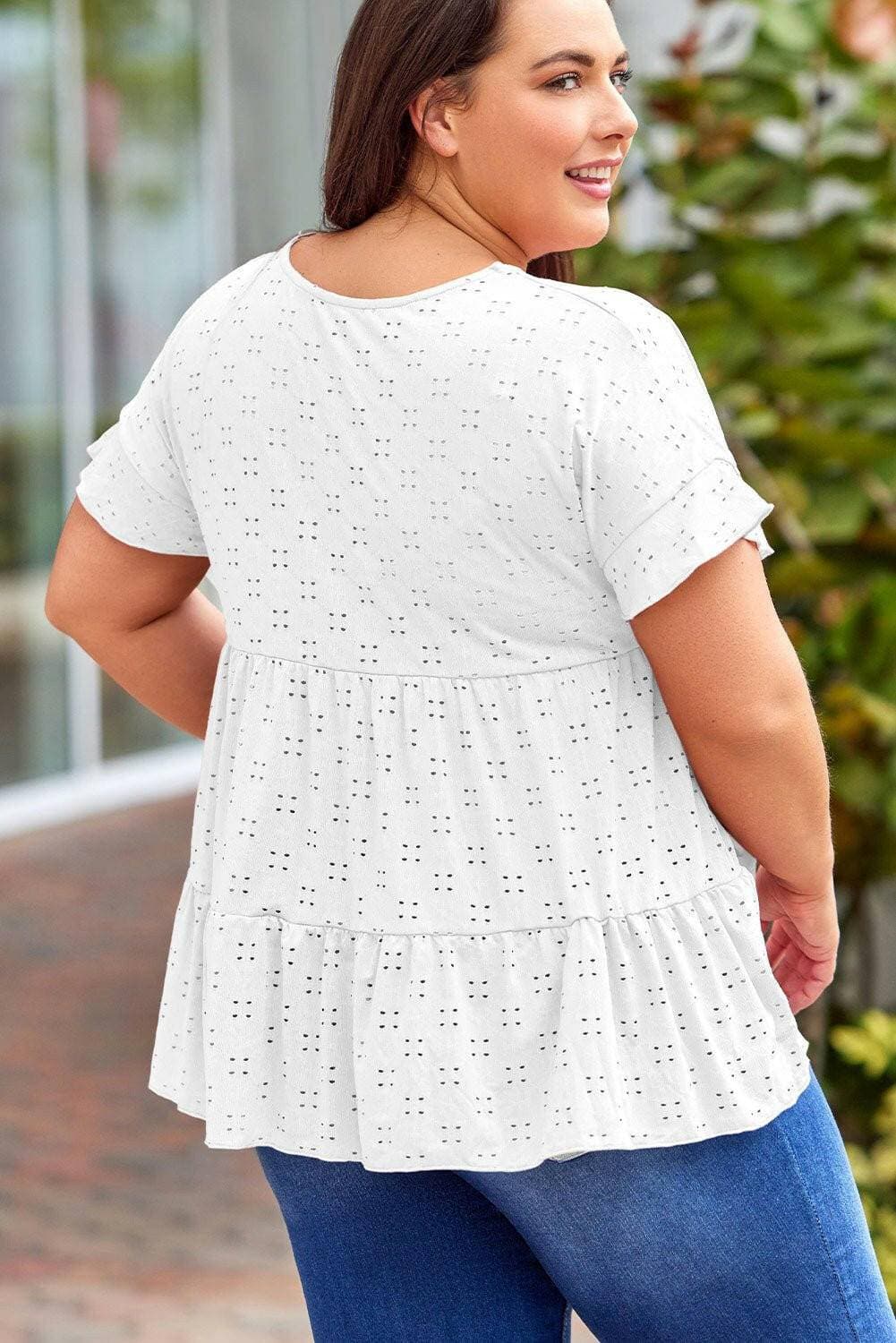 Eyelet Detail Plus Size Sheer Blouse with Ruffled SleevesEyelet Detail Plus Size Sheer Blouse with Ruffled Sleeves
 Step into sheer elegance and upgrade your style with our Eyelet Detail Plus Size Sheer Blouse. This blouseLove Salve Size Sheer Blouseplus