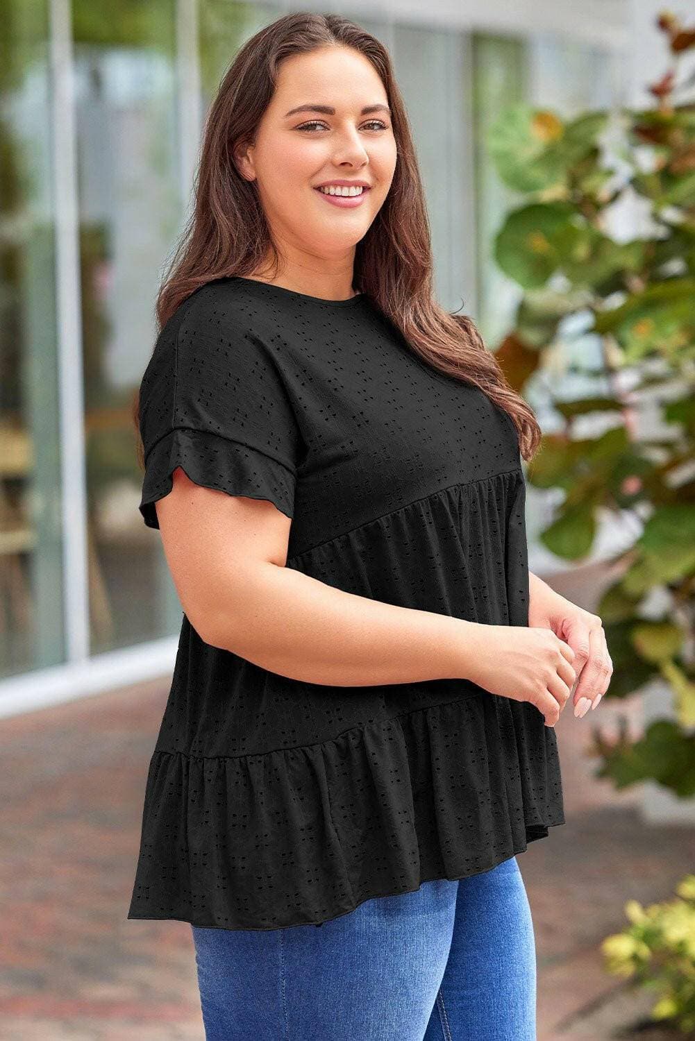 Eyelet Detail Plus Size Sheer Blouse with Ruffled SleevesEyelet Detail Plus Size Sheer Blouse with Ruffled Sleeves
 Step into sheer elegance and upgrade your style with our Eyelet Detail Plus Size Sheer Blouse. This blouseLove Salve Size Sheer Blouseplus