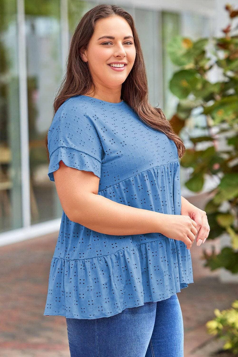 Eyelet Detail Plus Size Sheer Blouse with Ruffled SleevesEyelet Detail Plus Size Sheer Blouse with Ruffled Sleeves
 Step into sheer elegance and upgrade your style with our Eyelet Detail Plus Size Sheer Blouse. This blouseLove Salve Size Sheer Blouseplus