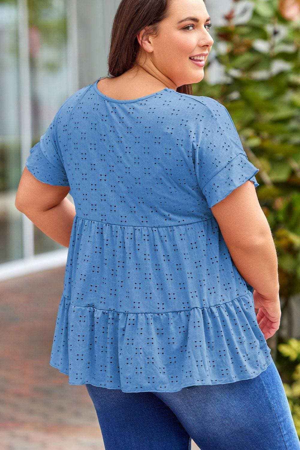 Eyelet Detail Plus Size Sheer Blouse with Ruffled SleevesEyelet Detail Plus Size Sheer Blouse with Ruffled Sleeves
 Step into sheer elegance and upgrade your style with our Eyelet Detail Plus Size Sheer Blouse. This blouseLove Salve Size Sheer Blouseplus