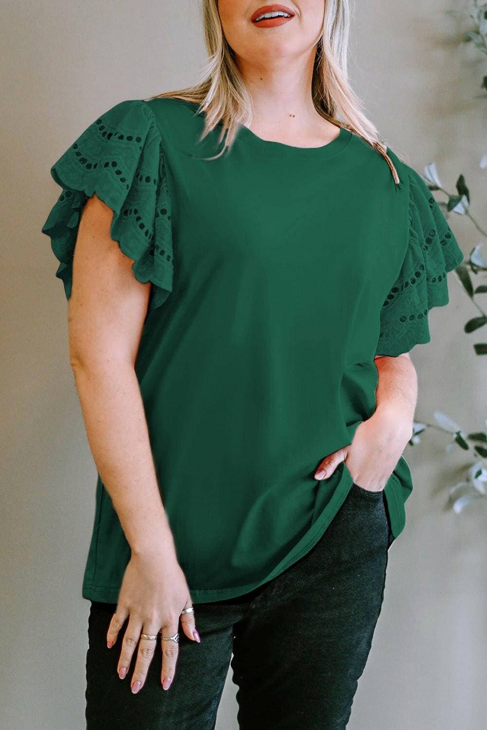 Elegant eyelet blouse for plus size women with short sleeves