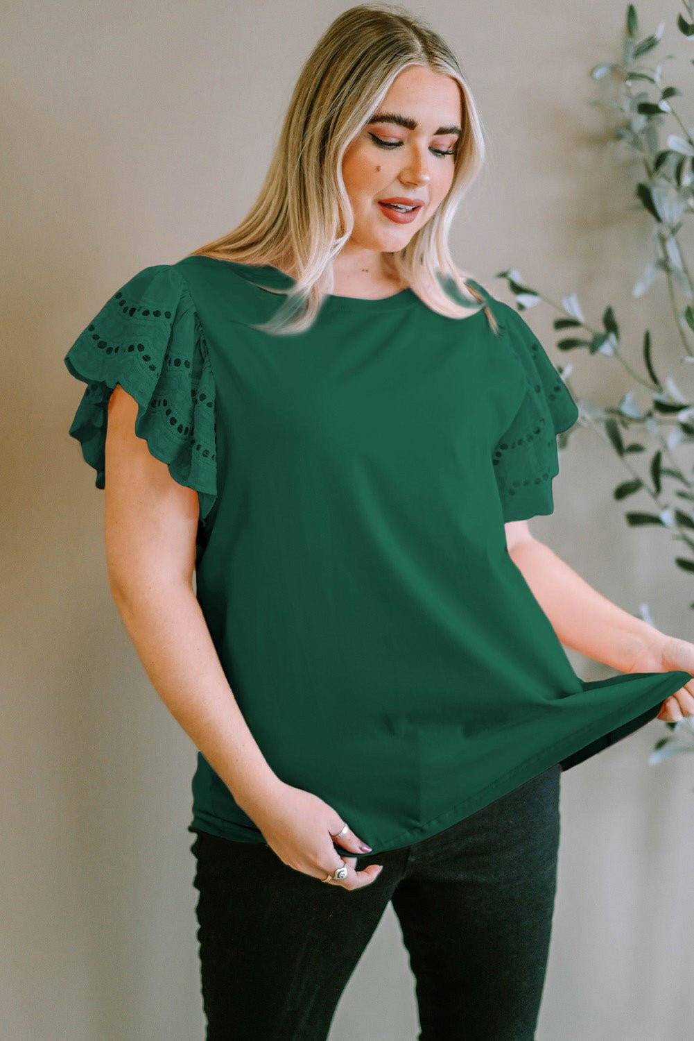 Elegant eyelet blouse for plus size women with short sleeves