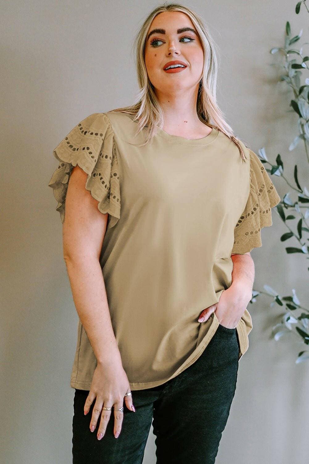 Elegant eyelet blouse for plus size women with short sleeves