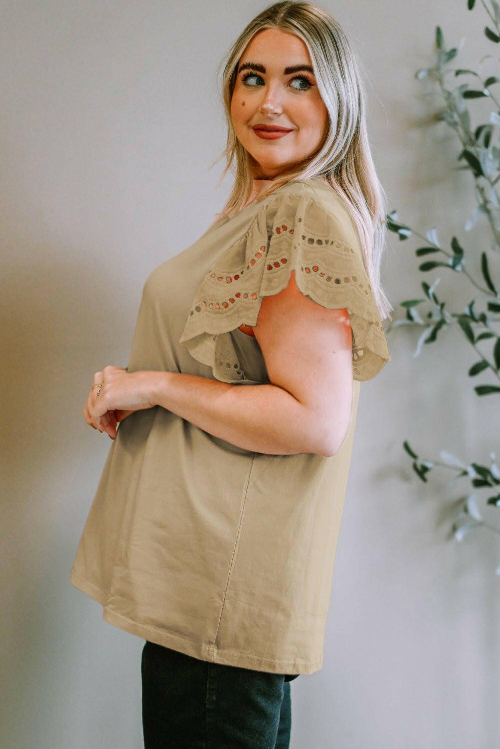 Elegant eyelet blouse for plus size women with short sleeves