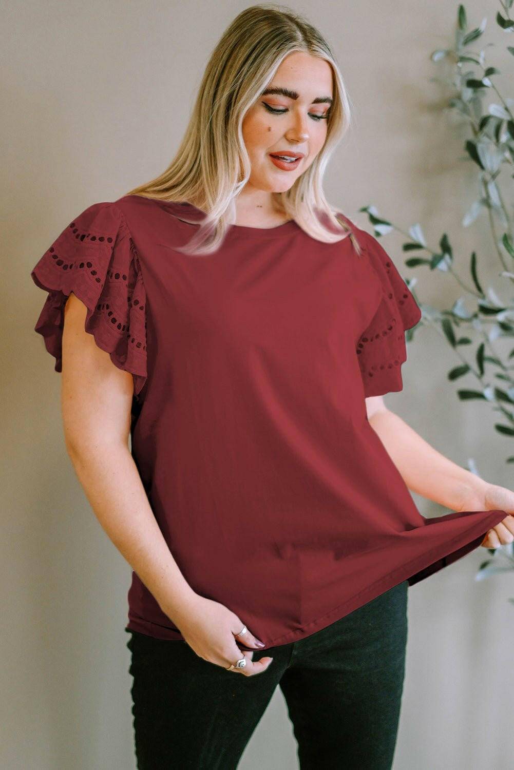 Elegant eyelet blouse for plus size women with short sleeves