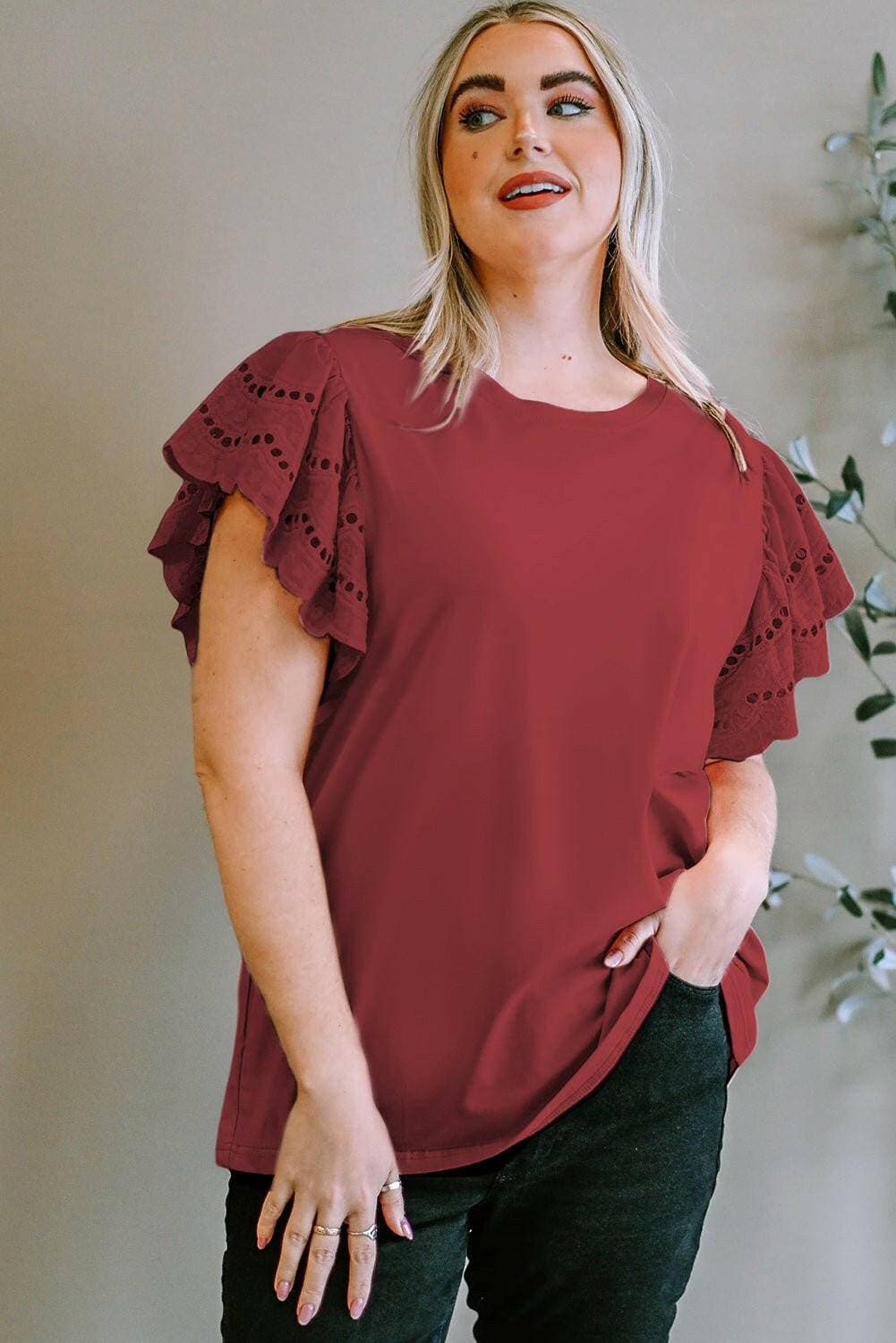 Elegant eyelet blouse for plus size women with short sleeves