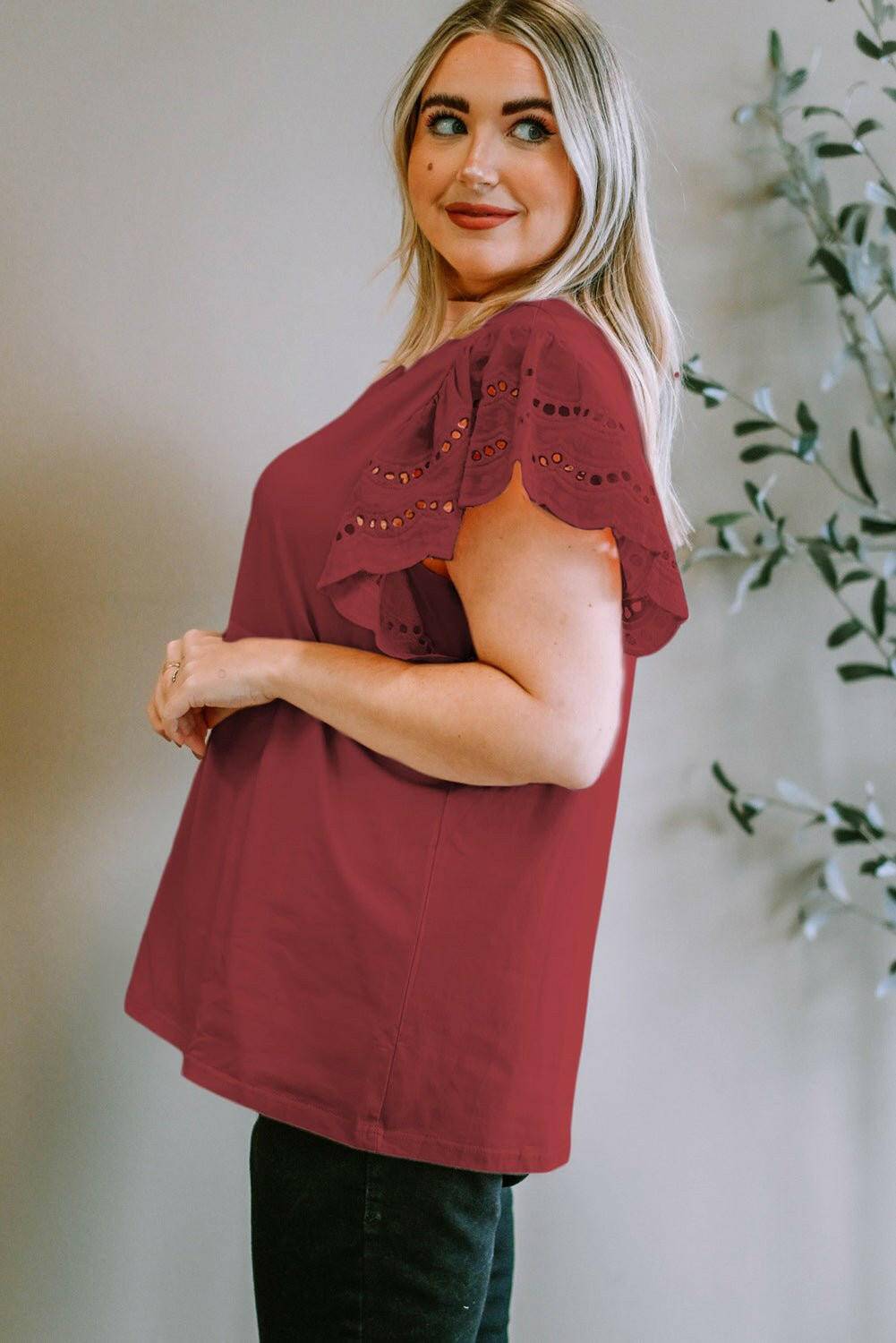 Elegant eyelet blouse for plus size women with short sleeves