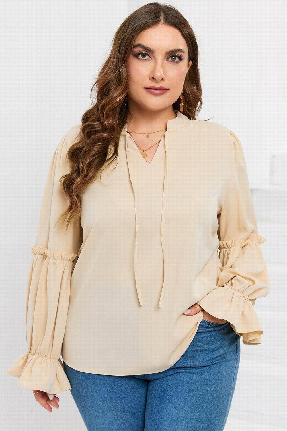 Ruffled Tie Neck Plus Size Flounce Sleeve Sheer BlouseRuffled Tie Neck Plus Size Flounce Sleeve Sheer Blouse
 Upgrade your style with our elegant Ruffled Tie Neck Plus Size Flounce Sleeve Sheer Blouse. Elevate your lookLove Salve Size Flounce Sleeve Sheer Blouseplus