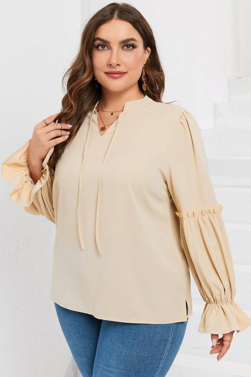 Ruffled Tie Neck Plus Size Flounce Sleeve Sheer BlouseRuffled Tie Neck Plus Size Flounce Sleeve Sheer Blouse
 Upgrade your style with our elegant Ruffled Tie Neck Plus Size Flounce Sleeve Sheer Blouse. Elevate your lookLove Salve Size Flounce Sleeve Sheer Blouseplus