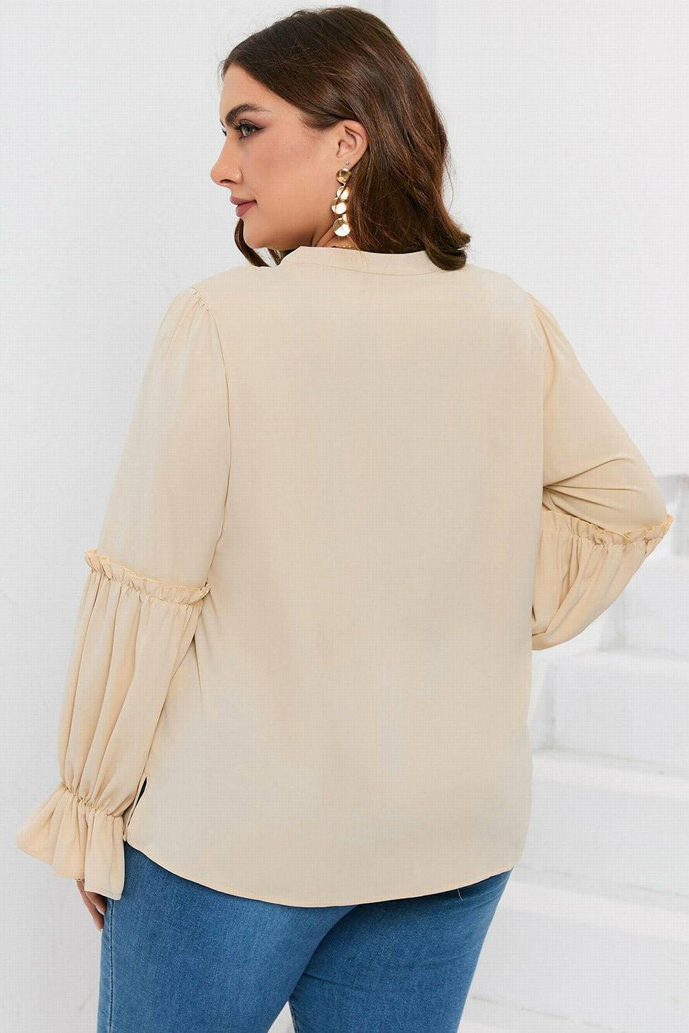 Ruffled Tie Neck Plus Size Flounce Sleeve Sheer BlouseRuffled Tie Neck Plus Size Flounce Sleeve Sheer Blouse
 Upgrade your style with our elegant Ruffled Tie Neck Plus Size Flounce Sleeve Sheer Blouse. Elevate your lookLove Salve Size Flounce Sleeve Sheer Blouseplus