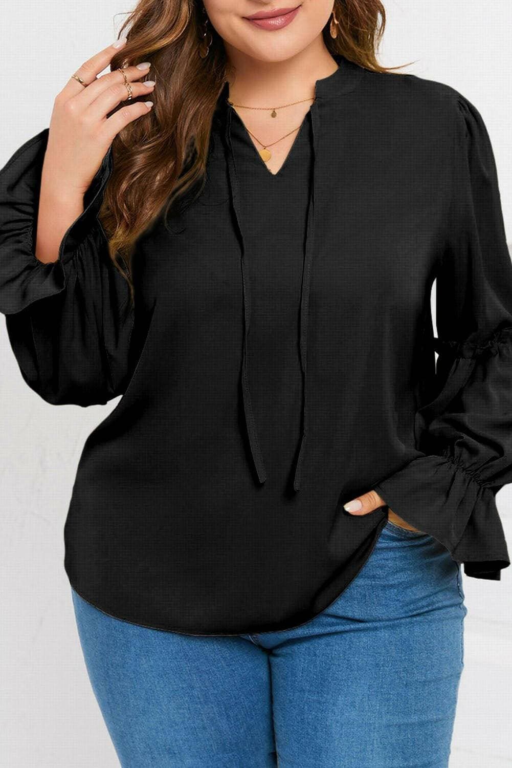 Ruffled Tie Neck Plus Size Flounce Sleeve Sheer BlouseRuffled Tie Neck Plus Size Flounce Sleeve Sheer Blouse
 Upgrade your style with our elegant Ruffled Tie Neck Plus Size Flounce Sleeve Sheer Blouse. Elevate your lookLove Salve Size Flounce Sleeve Sheer Blouseplus