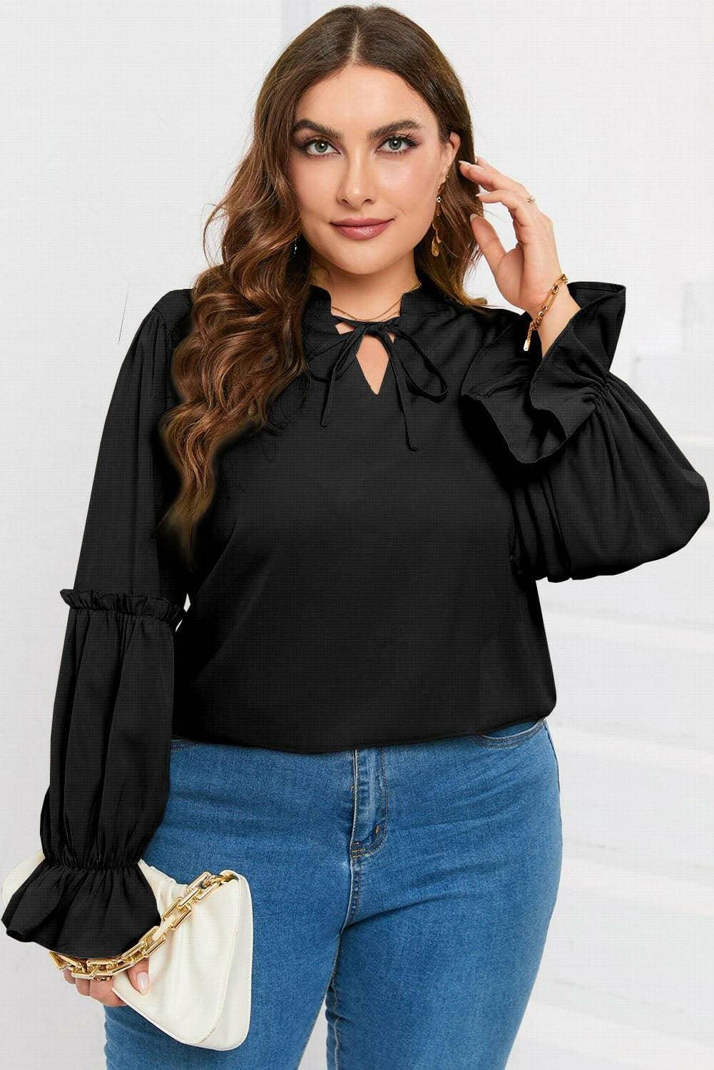 Ruffled Tie Neck Plus Size Flounce Sleeve Sheer BlouseRuffled Tie Neck Plus Size Flounce Sleeve Sheer Blouse
 Upgrade your style with our elegant Ruffled Tie Neck Plus Size Flounce Sleeve Sheer Blouse. Elevate your lookLove Salve Size Flounce Sleeve Sheer Blouseplus