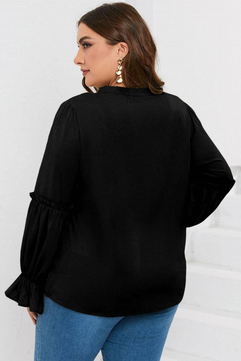 Ruffled Tie Neck Plus Size Flounce Sleeve Sheer BlouseRuffled Tie Neck Plus Size Flounce Sleeve Sheer Blouse
 Upgrade your style with our elegant Ruffled Tie Neck Plus Size Flounce Sleeve Sheer Blouse. Elevate your lookLove Salve Size Flounce Sleeve Sheer Blouseplus