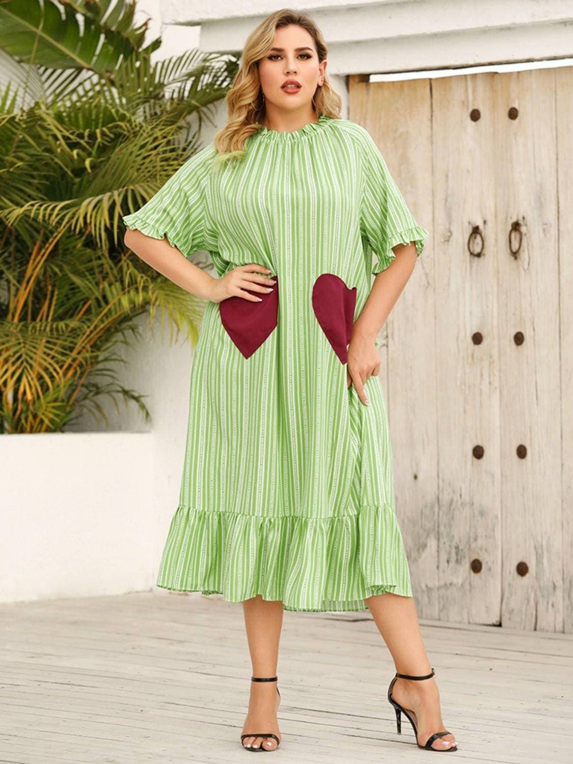 Frilled Heart Stripe Half Sleeve Dress for Curvy WomenFrilled Heart Stripe Half Sleeve Dress for Curvy Women
 Step into the spotlight with our Frilled Heart Stripe Half Sleeve Dress, tailored for curvy women who embraceLove Salve Frilled Heart Stripe Half Sleeve Dressplus